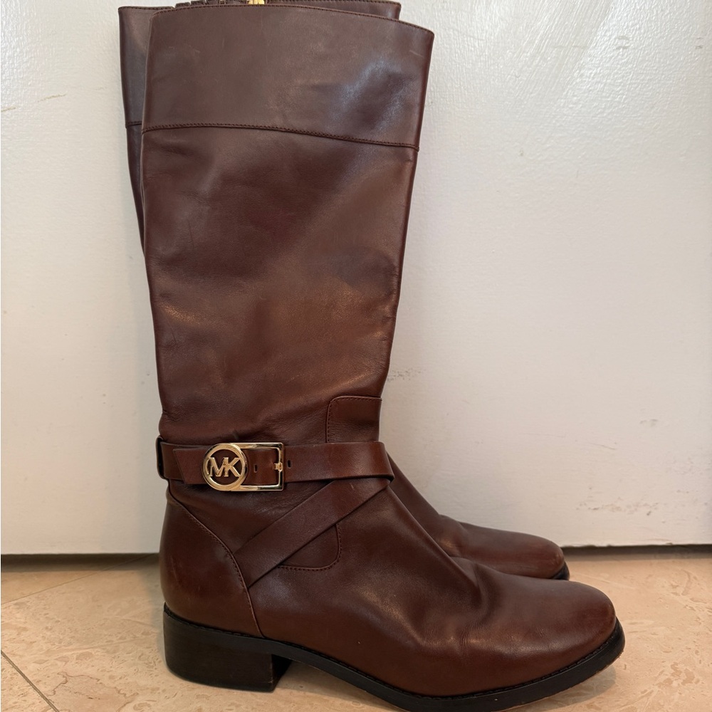 Brown Leather Rider Boots with Gold Accent - Picture 2 of 5